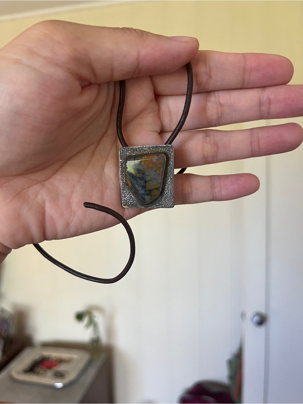 Handcrafted Brown Leather Necklace with sterling silver Stone Pendant